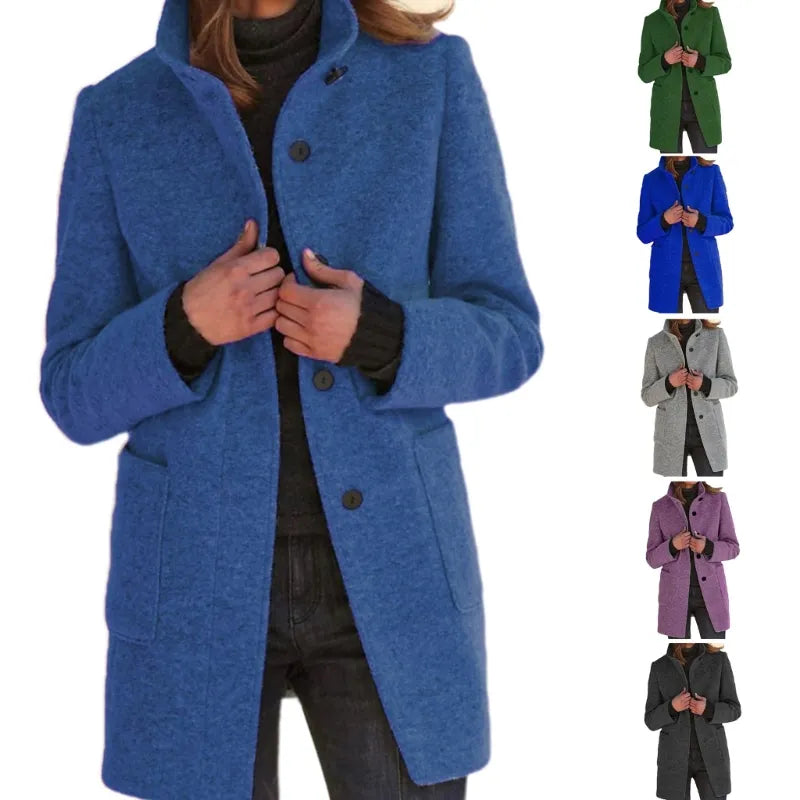 Women Long Sleeve Stand Collar Single Breasted Coat Jackets Winter Wool Blend Over Coats Long Jackets Casual Winter Coat - jazcouture