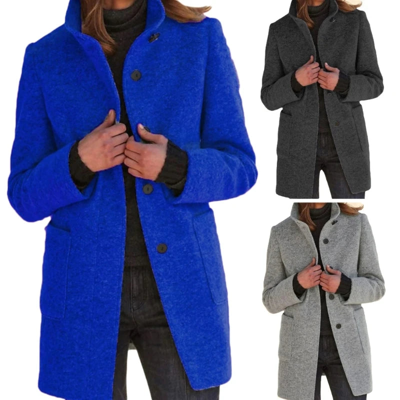 Women Long Sleeve Stand Collar Single Breasted Coat Jackets Winter Wool Blend Over Coats Long Jackets Casual Winter Coat - jazcouture
